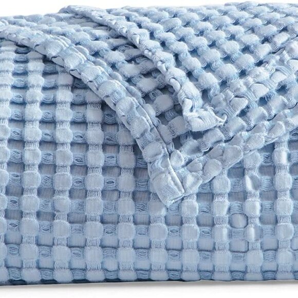 COTTON Waffle Weave Bamboo Blanket Queen Size Blue Soft Lightweight Bed Blanket - Picture 5 of 7